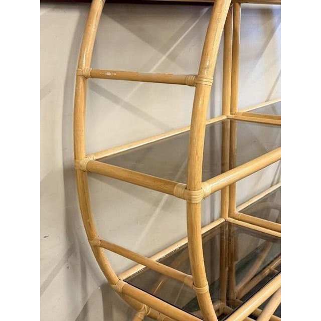 84-Inch Rattan Half-Round Etageres With Smoked Glass Shelves - A Pair For Sale - Image 4 of 8