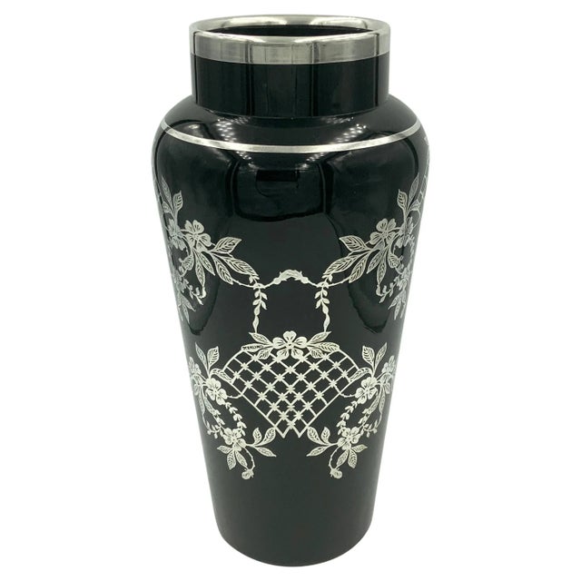 Lattice Flower Floral Sterling Silver Overlay Black Amethyst Glass Vase For Sale - Image 10 of 10