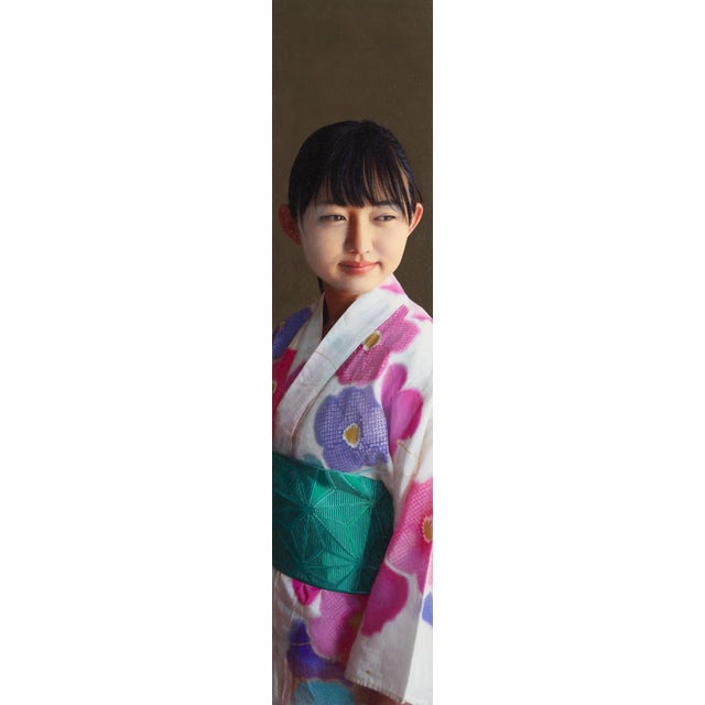 Spring Breeze by Kazuya Ushioda | Oil on Panel Portrait of a girl in a floral kimono. For Sale