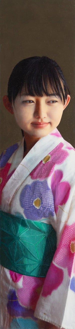 Spring Breeze by Kazuya Ushioda | Oil on Panel Portrait of a girl in a floral kimono.