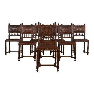 19th Century French Henry II Style Walnut Dining Chairs W/ Original Brown Leather - Set of 8 For Sale