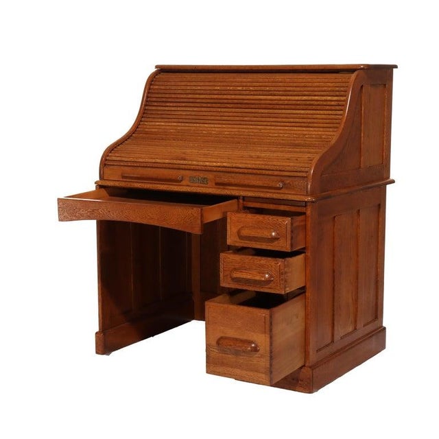 Antique Oak S-Roll Top Single Pedestal Desk C1910 For Sale - Image 13 of 14
