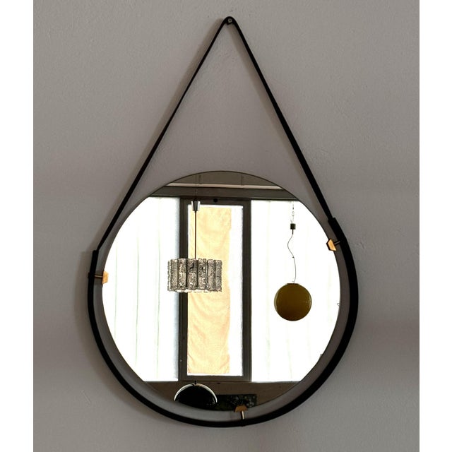 Italian Floating Wall Mirror with Leather Strap and Brass Details, 1960s For Sale - Image 9 of 14