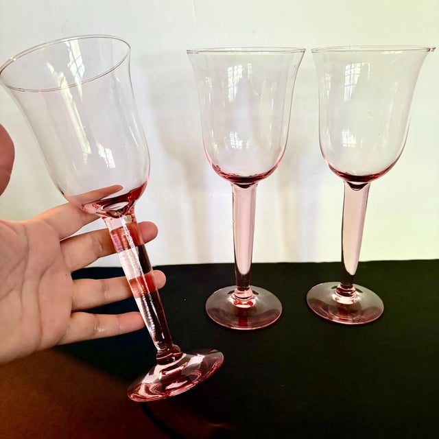 Glass Vintage Blush Pink Water Goblets – Set of 3, Tall Wine Glasses • 8 3/4″ Tall • Thick Stemmed Water Goblets For Sale - Image 7 of 9