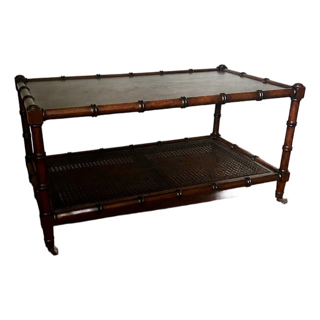 Vintage Mid-Century Faux Bamboo Walnut Coffee Table With Cane Shelf & Casters For Sale
