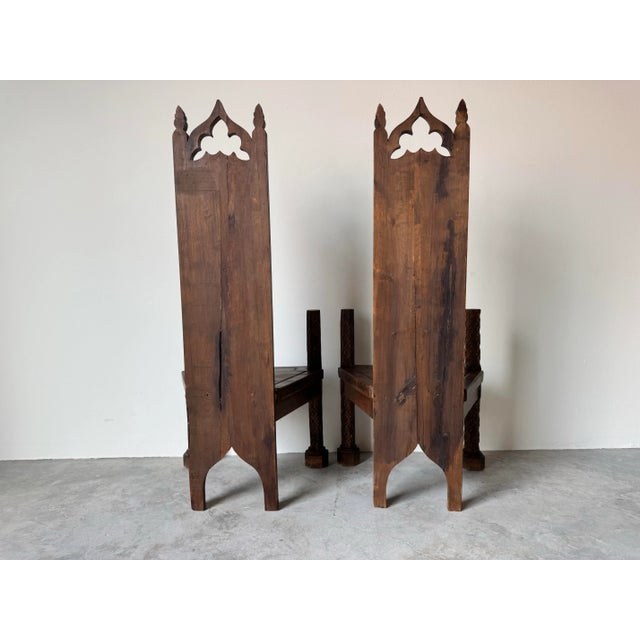 Antique Spanish Gothic Revival Carved Wood Throne Chairs – A Pair/ Sold For Sale - Image 4 of 12