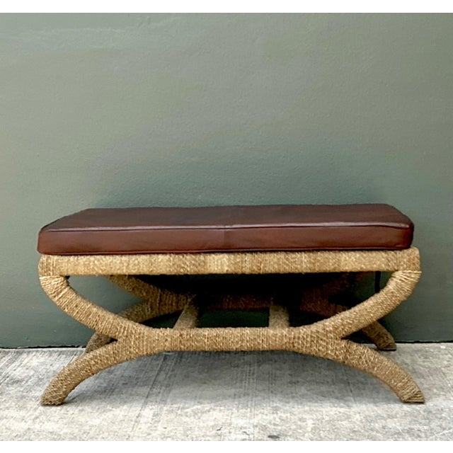Wood Vintage Rattan and Leather Bench For Sale - Image 7 of 18