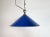 Industrial blue enamel factory pendant light made in United Kingdom during the 1950s. White enamel inside the shade. Brass...