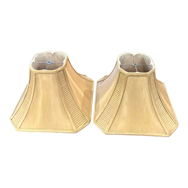 Pair of Tan Tiered Pagoda-Style Silk Lampshades With Pleated Corners For Sale