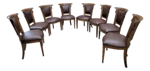 Vintage English Regency Style Ash Wood Dining Chairs Upholstered in a Patterned Brown Leather With Nail Head Trim - Set of 8