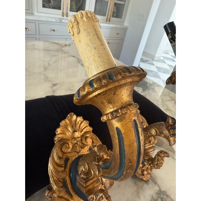Traditional Vintage Italian Renaissance Style,carved , Painted ,Gilded Sconces - Pair For Sale - Image 3 of 6
