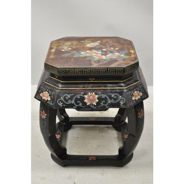 Vintage Chinese Pedestal Plant Stand Black Lacquer Bird Flower Painted