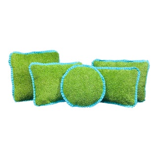 Custom Handcrafted Artificial Turf Lumbar Pillow With Turquoise Ruffle - Small Lumbar For Sale