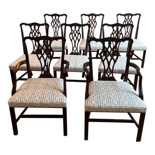 Vintage Chippendale Dining Chairs With Geometric Kravet Fabric - Set of 8 For Sale
