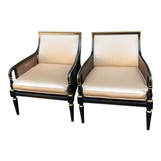 Hollywood Recency Black & Gold Cane Arm Low Club Chairs - a Pair For Sale