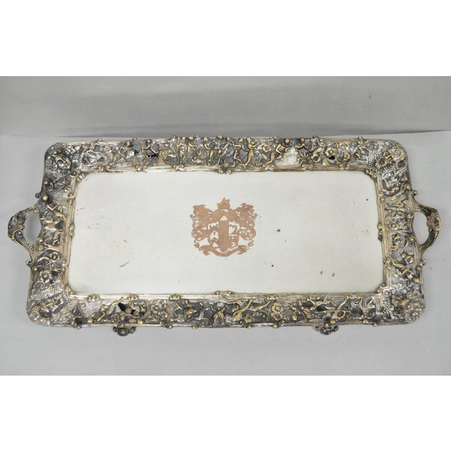 Antique French Renaissance Bacchanal Scene Silver Plated Bacchus Figural Platter Tray. Item features ornate cast frieze...