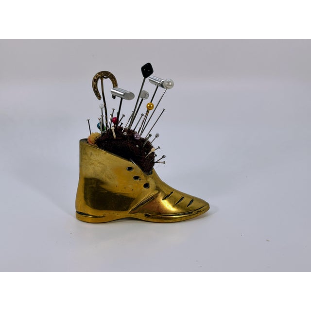 Victorian Antique Brass Boot Pincushion With Antique Pins For Sale - Image 3 of 8