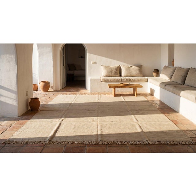 1940s Ivory Cream Tribal Stripe Kilim Antique Flat Woven Nw Persian Rug 8'2" X 9'9" Wool Carpet For Sale In New York - Image 6 of 7