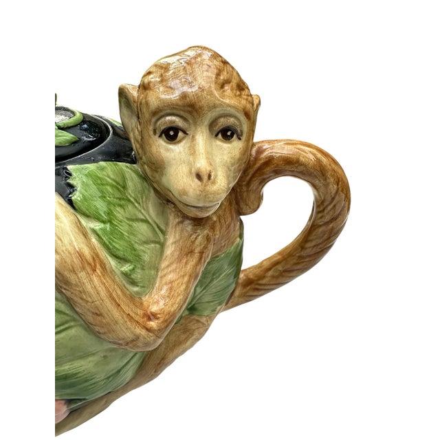 Pop Art 1986 Vintage Fitz & Floyd Floral Leaves & Monkey Tea Pot For Sale - Image 3 of 12