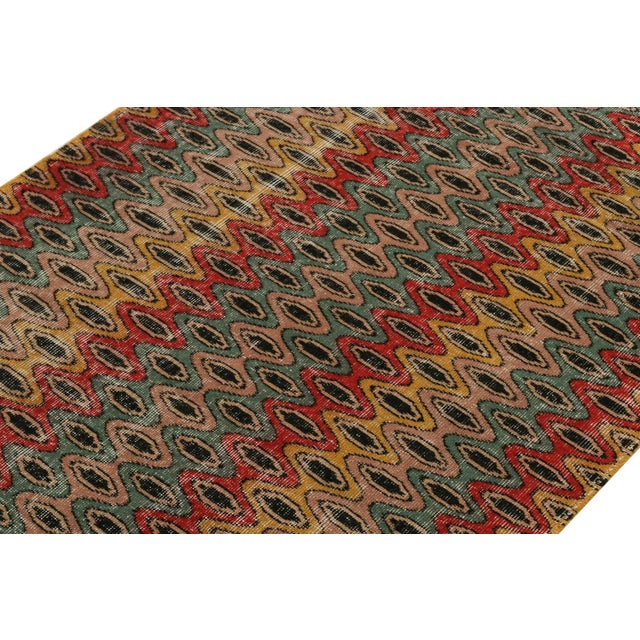 1960s Vintage Distressed Zeki Müren Rug in Red, Gold, Blue, Pink Retro Pattern For Sale - Image 4 of 6
