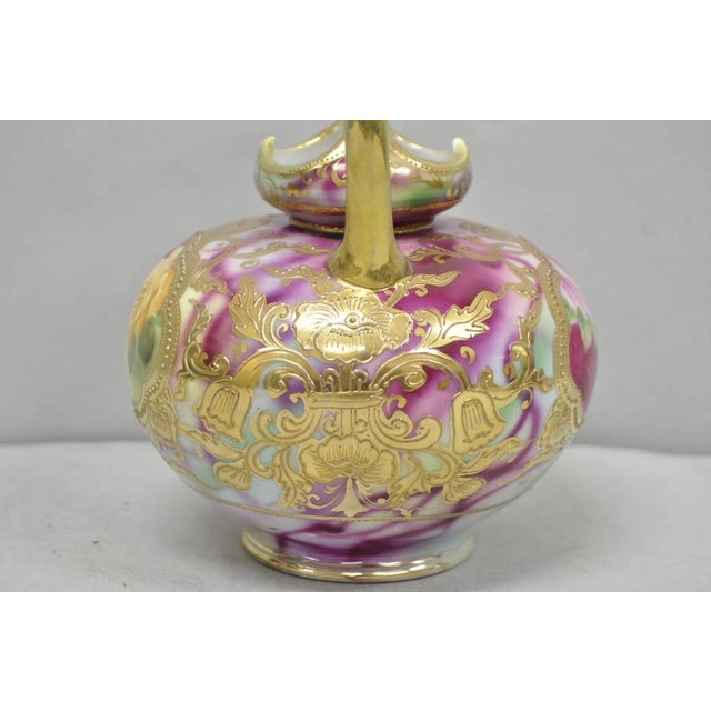 Antique Austrian Hand Painted Moriage Porcelain Double Swung Handle Bulbous Vase For Sale - Image 9 of 16