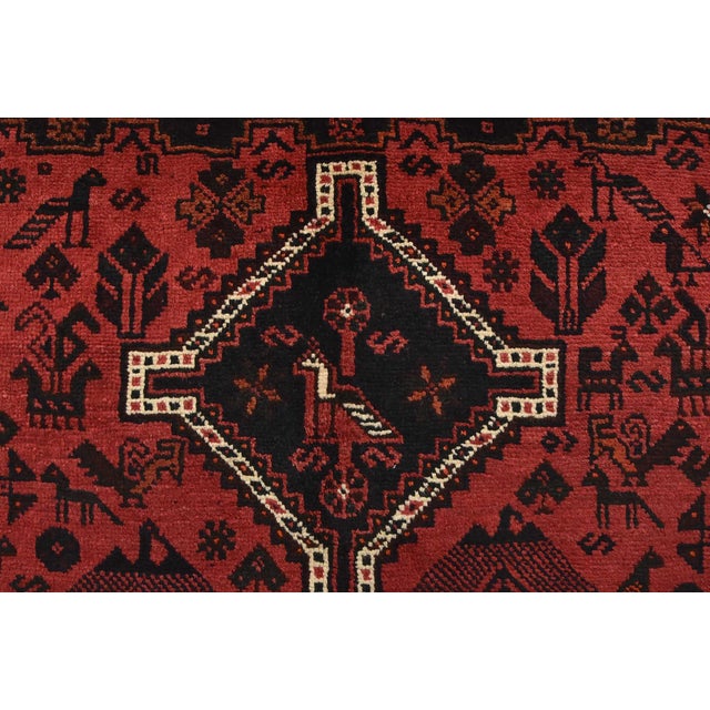 Red Shiraz Rug 3’11” X 5’2” Red Wool Vintage Tribal Hand-Knotted Oriental Carpet For Sale - Image 8 of 13