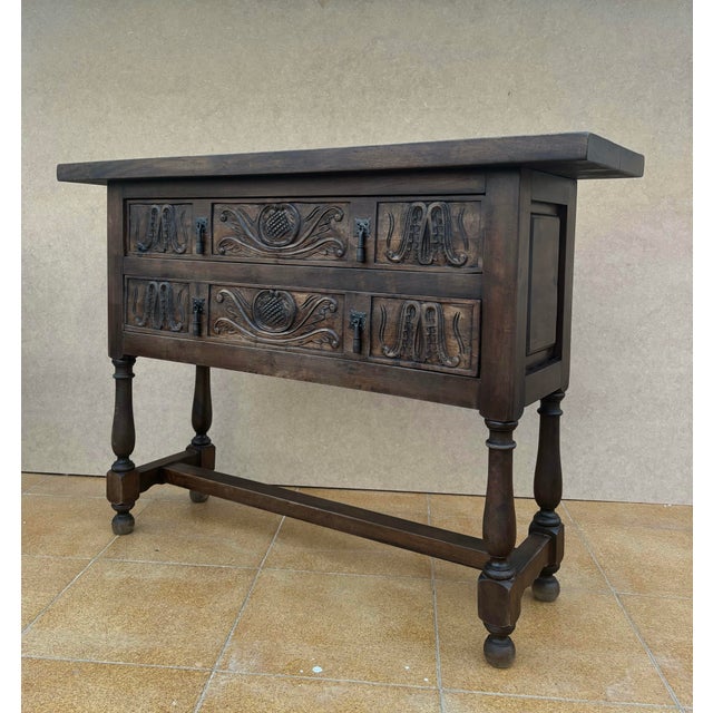 Spanish Hand-Carved Console with Two Drawers, 1920s For Sale - Image 4 of 7