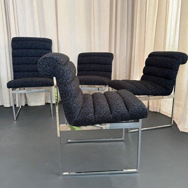 Metal 1970s Upholstered Chrome Milo Baughman Style Dining Chairs- Set of 6 For Sale - Image 7 of 12