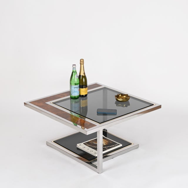 Coffee Table in Chrome, Brass, Burl Wood, and Smoked Glass, Italy, 1970s For Sale - Image 9 of 16