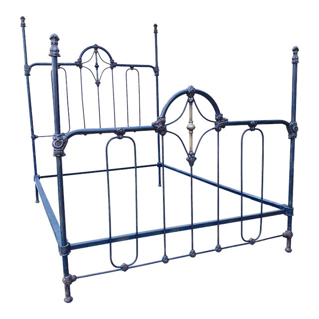 Antique 19th Century Iron Bed Frame With 4 Corner Post and Original Side Rails For Sale