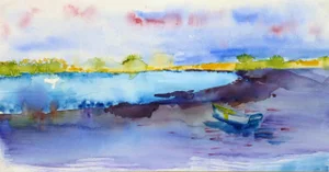 Monique Tachdjian, French Watercolor Landscape - Rainbow Lake