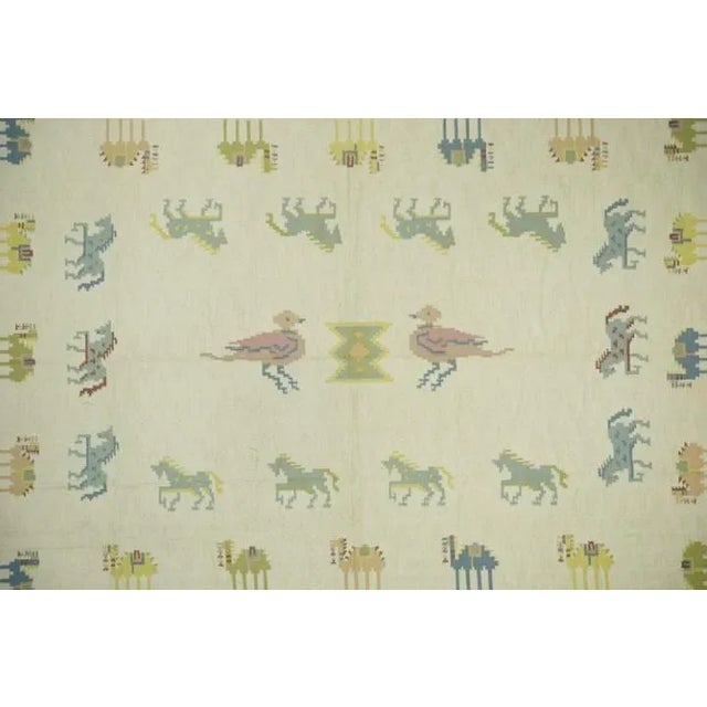 Indian Vintage Dhurrie Rug in Cream and Blue With Animal Pictorials, From Rug & Kilim For Sale - Image 3 of 4