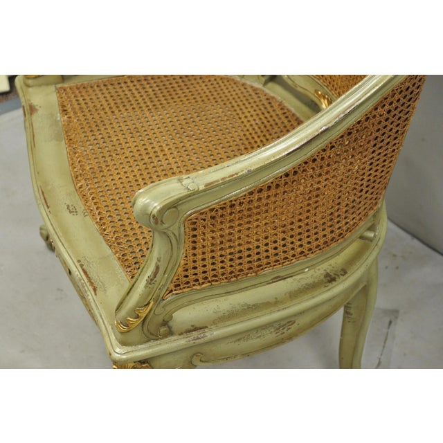 Vintage French Louis XV Style Green Painted Gold Gilt Cane Bergere Arm Chair For Sale - Image 13 of 17