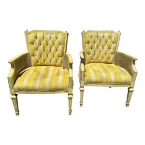 Vintage Yellow Tufted Arm Chairs-A Pair