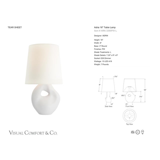AERIN by Visual Comfort Signature Adria 16" Table Lamp in Plaster White with Linen Shade Designer: AERIN Height: 16" Base:...