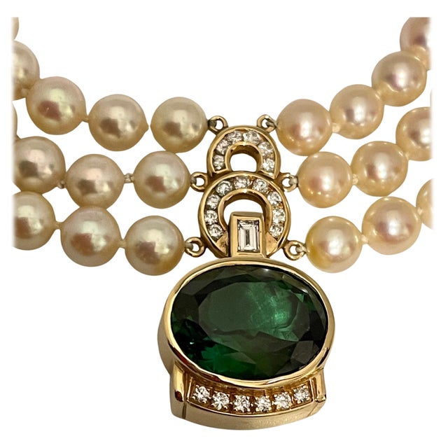 18Ct Green Tourmaline & 2.5Ct Diamond Necklace 14 KY Gold & Triple Pearl Layers For Sale - Image 15 of 18