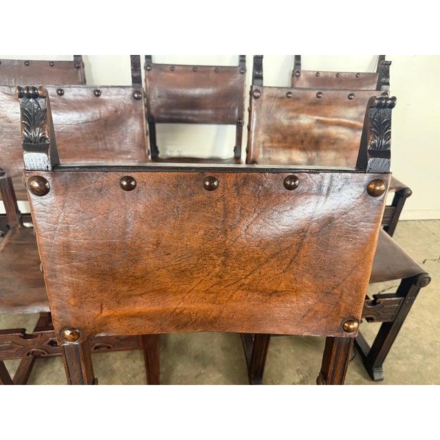 Set of Six Spanish Revival Leather and Carved Wood Armchairs For Sale - Image 4 of 15