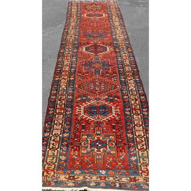 Orange Antique Serapi Runner With Bold Geometric Medallions and Rich Tribal Design Motifs 3'3" X 14'0" For Sale - Image 8 of 13