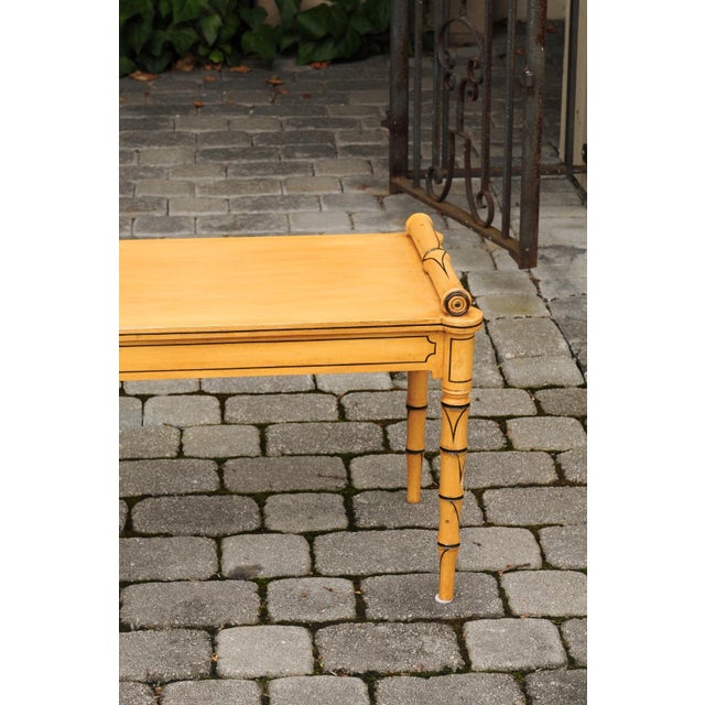 Vintage English Midcentury Goldenrod Painted Wooden Bench with Black Accents For Sale In Atlanta - Image 6 of 11