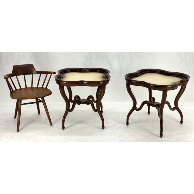 Brown Pair Mahogany Clover Shape Light Cream Leather Top Lamp End Tables Stands For Sale - Image 8 of 12