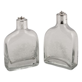 21st Century English Silver Mounted Glass Decanters with Heraldic Engraving, 2007, Set of 2 For Sale
