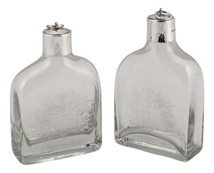 21st Century English Silver Mounted Glass Decanters with Heraldic Engraving, 2007, Set of 2