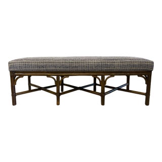 Vintage McGuire Long Bench Upholstered in Belgian Ticking For Sale