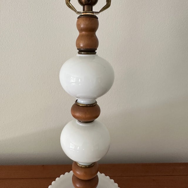 Vintage Wood and Milkglass Hobnail Table Lamp For Sale - Image 4 of 7