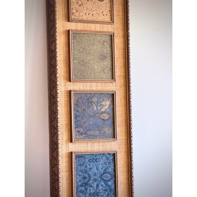 Brown Oversized Tall Vertical Textile Panel With Batik Insets and Grasscloth Backing, Carved Custom Wood Frame, Architectural Wall Art For Sale - Image 8 of 12