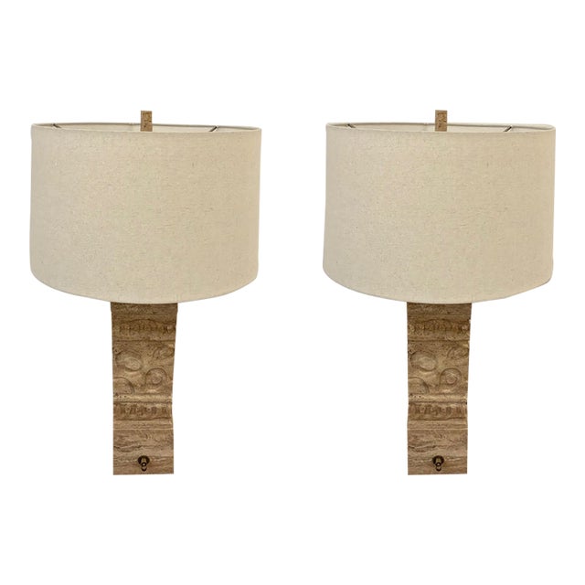 Revelation Icon Lamps Carved Travertine - Pair. For Sale