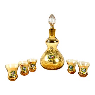 1950s Bohemian Crystal Gold Hand Painted Decanter and 5 Shot Glasses Set For Sale