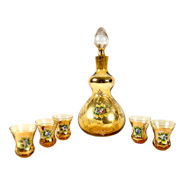1950s Bohemian Crystal Gold Hand Painted Decanter and 5 Shot Glasses Set For Sale