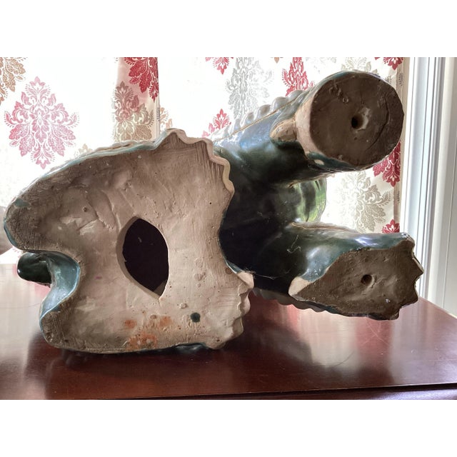 Pair of Monumental Antique Chinese Porcelain Foo Dog Statues – Emerald Green Glaze For Sale - Image 9 of 12