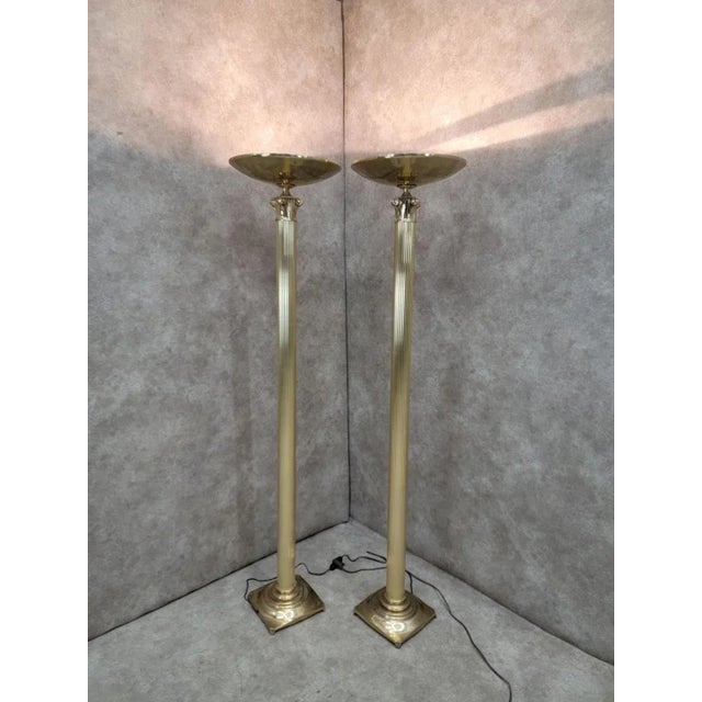 Brass Vintage Art Deco Rembrandt Brass Corinthian Column Torchiere Floor Lamp - Pair For Sale - Image 8 of 10